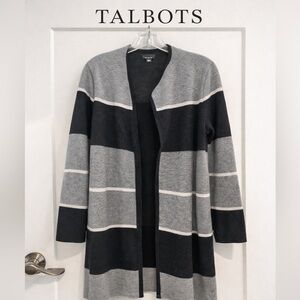 Talbots Pure Merino Wool Long Cardigan | Gray & Black Colorblock | Size L